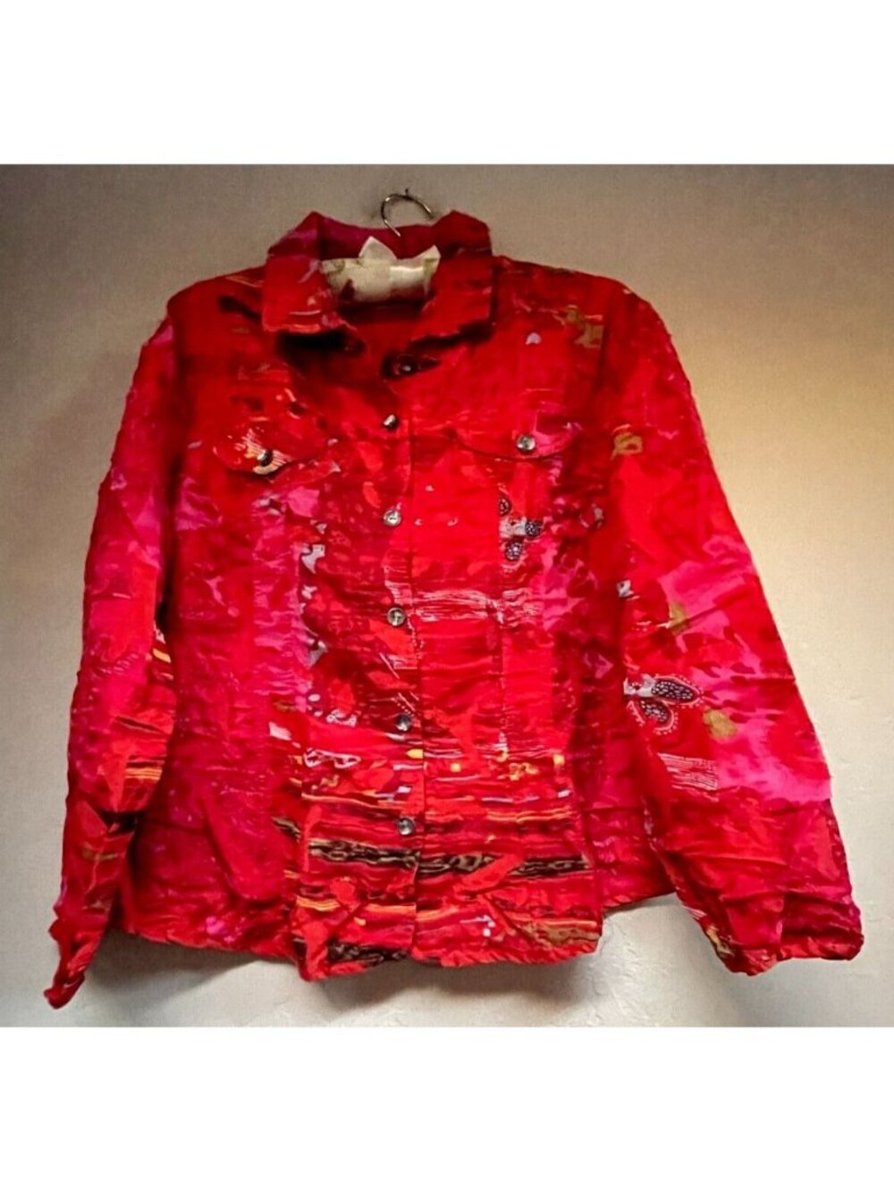 Chico's Womens Mixed Print Button Front Silk Shirt Jacket Top Size 3 Red Casual